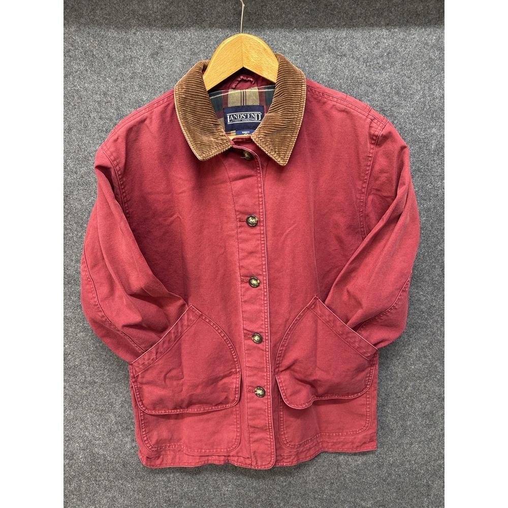 VTG Lands End Women M 10-12 Red Barn Chore Coat Corduroy Collar Plaid Lined